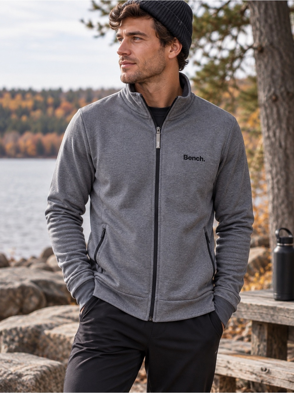 Bench Men’s Full Zip Performance Jacket Medium Gray Thumbholes